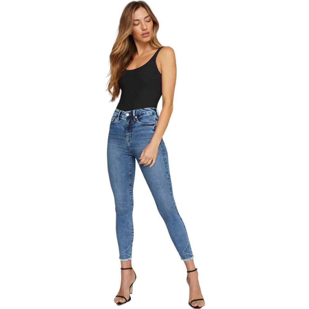 Good American Good Waist Cropped Skinny Leg High Waist Raw Hem Stretch Jeans 8